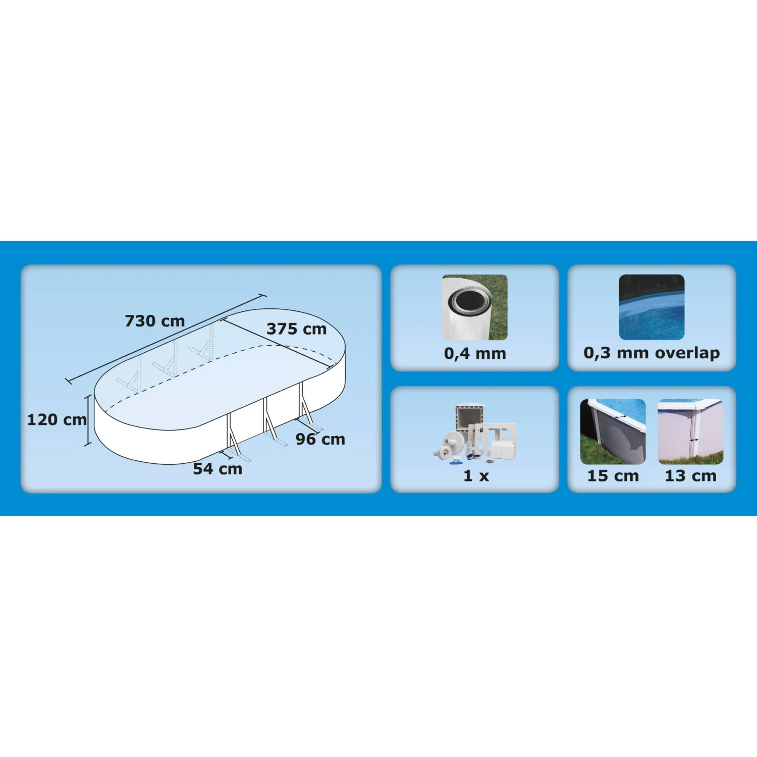 Stahlwandpool Ovalform Classic 730x360x120 Cm, Stahl 0,4 Mm Weiß, Folie 0,3 Mm Blau, Overlap 4 Stahlwandpool Ovalform Classic 730x360x120 Cm, Stahl 0,4 Mm Weiß, Folie 0,3 Mm Blau, Overlap – Bild 2
