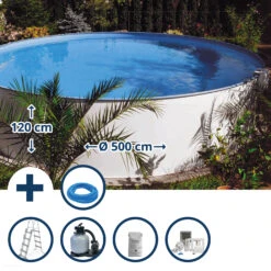 Waterman Stahlwandpool Set (7-teilig) Hoch Rund Sunrise 500 X 120 Cm, Stahl 0,6 Mm Weiß Folie 0,6 Mm Blau