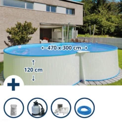 Waterman Stahlwandpool Set (6-teil) Hoch Achtform Montevideo 470x300x120cm, Stahl 0,4mm Weiß Folie 0,4mm Blau