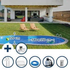 Waterman Stahlwandpool Set (6-teilig) Tief Achtform 540 X 350 X 120 Cm, Stahl 0,4 Mm Weiß Folie 0,4 Mm Blau