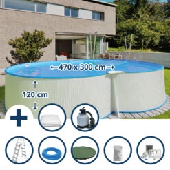 Waterman Stahlwandpool Set (9-teilig) Hoch Achtform 470 X 300 X 120 Cm, Stahl 0,4 Mm Weiß Folie 0,4 Mm Blau