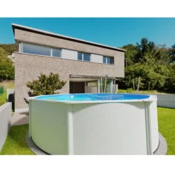 Stahlwandpool Rund Classic (breiter Handlauf) 450x120cm, Stahl 0,4mm Weiß, Folie 0,3mm Blau, Overlap -Poolwelt Verkauf Planet Pool Stahlwandpool Classic weiss blau MS 04 9