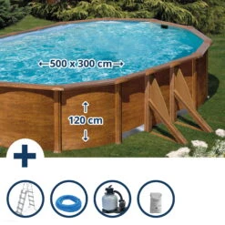 Stahlwandpool Set Oval Classic 500x300x120 Cm, Stahl 0,45 Mm Holzoptik, Folie 0,3 Mm Blau, Overlap