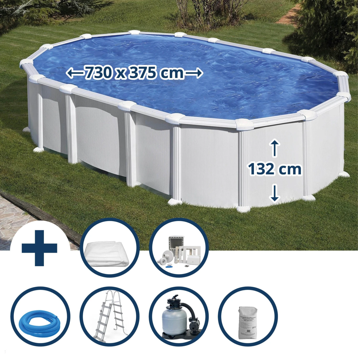 GRE Stahlwandpool Set (7-teilig) Hoch Oval High Line 730x375x132 Cm, Stahl 0,45mm Weiß Folie 0,4mm Blau 3 GRE Stahlwandpool Set (7-teilig) Hoch Oval High Line 730x375x132 Cm, Stahl 0,45mm Weiß Folie 0,4mm Blau