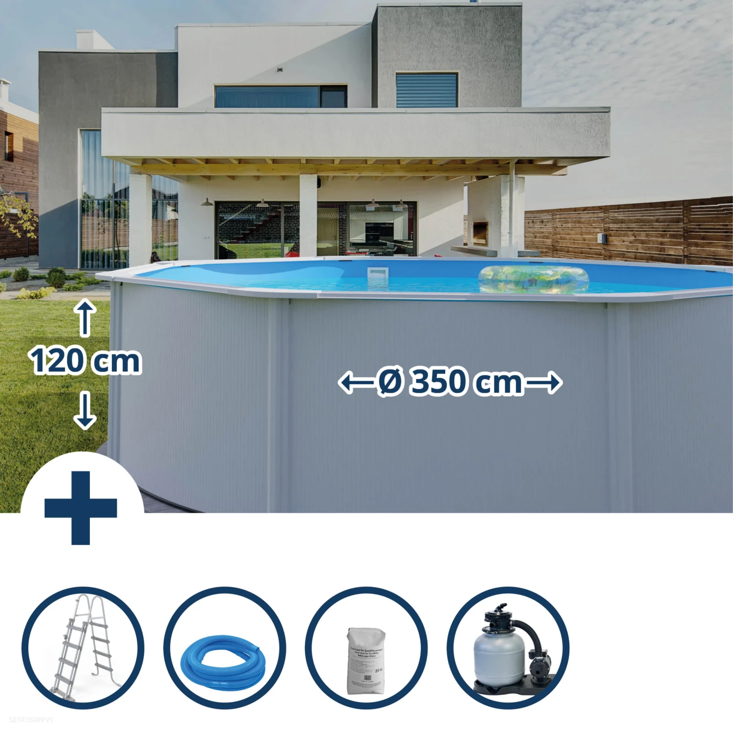 Stahlwandpool Set (5-teilig) Hoch Rund Classic 350 X 120 Cm, Stahl 0,4 Mm Weiß Folie 0,3 Mm Blau 3 Stahlwandpool Set (5-teilig) Hoch Rund Classic 350 X 120 Cm, Stahl 0,4 Mm Weiß Folie 0,3 Mm Blau