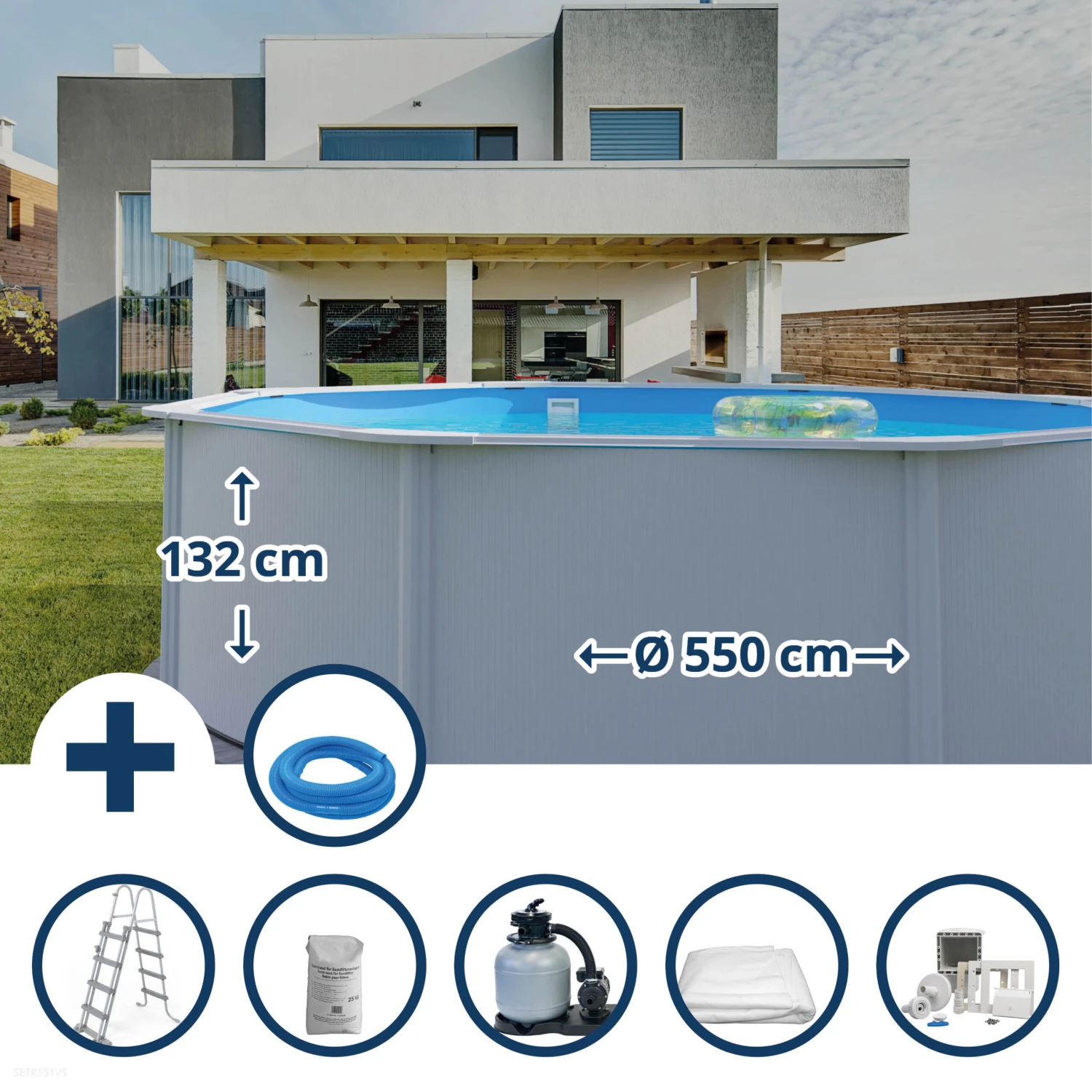 GRE Stahlwandpool Set (6-teilig) Hoch Rund High Line 550 X 132 Cm, Stahl 0,45 Mm Weiß Folie 0,4 Mm Blau 3 GRE Stahlwandpool Set (6-teilig) Hoch Rund High Line 550 X 132 Cm, Stahl 0,45 Mm Weiß Folie 0,4 Mm Blau