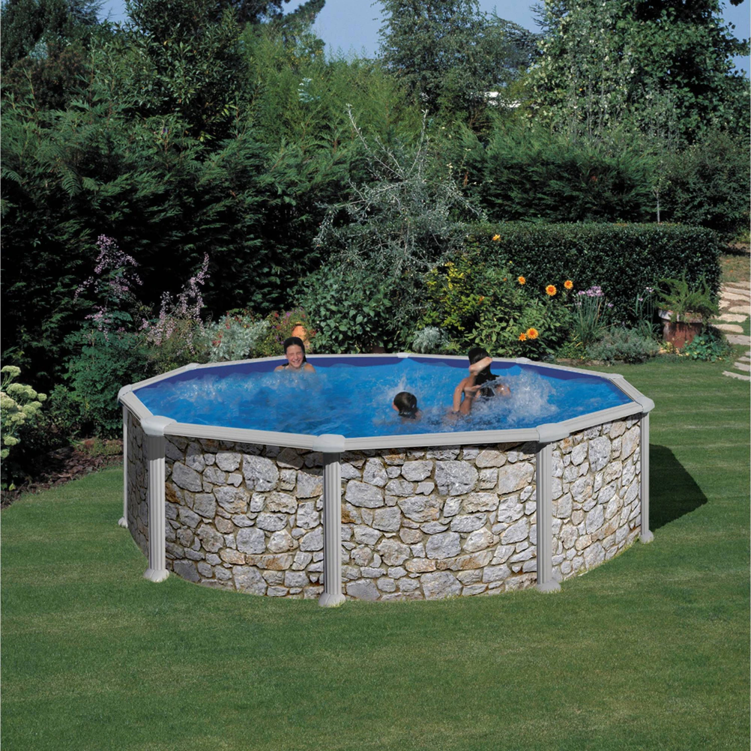 GRE Stahlwandpool Set (6-teilig) Hoch Rund 460 X 120 Cm, Stahl 0,45 Mm Steinoptik Folie 0,3 Mm Blau 4 GRE Stahlwandpool Set (6-teilig) Hoch Rund 460 X 120 Cm, Stahl 0,45 Mm Steinoptik Folie 0,3 Mm Blau – Bild 2